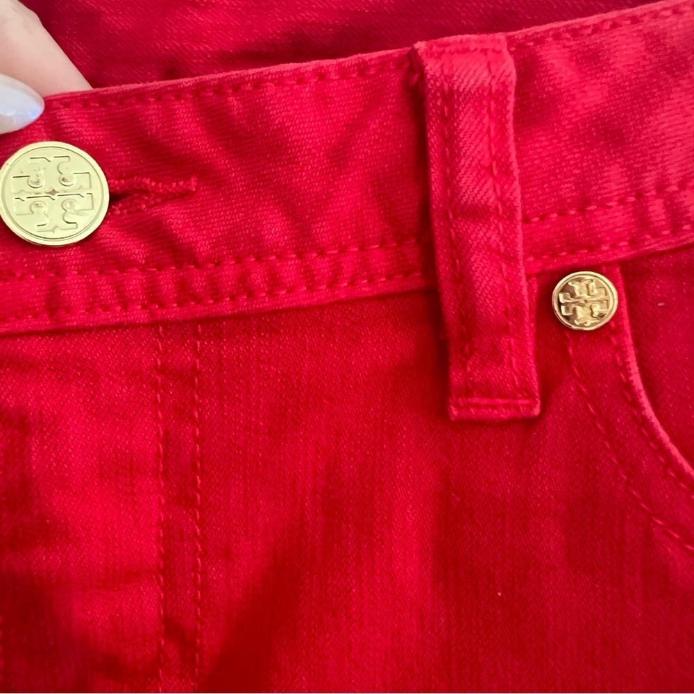 Tory Burch Red Cropped Skinny Jeans Embroidered Logo Pockets Size 26 denim NEW - Picture 9 of 15